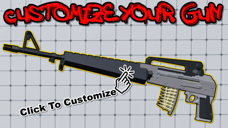 Official Weird Gun Game artwork showing a customizable weapon and click prompt